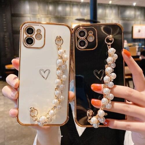Phone Case For iPhone 12 Mini 11 Pro X XR XS Max 7 8 Plus SE 2 Luxury Pearl Bracelet Electroplated Love Heart Right Angle Case