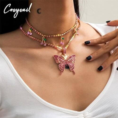 Cosysail 2Pcs/Set Shiny Rhinestone Butterfly Pendant Necklace Set Cute Crystal Cherry Choker Necklace Party Festival Jewelry