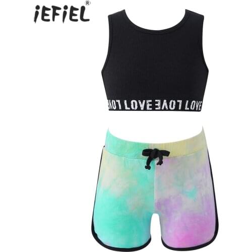 Kids Girls Clothing Set Letter Printed Casual Sport Suit Sleeveless Sport Tanks Crop Top Tie Dye Print Shorts Pants 2Pcs Outfits
