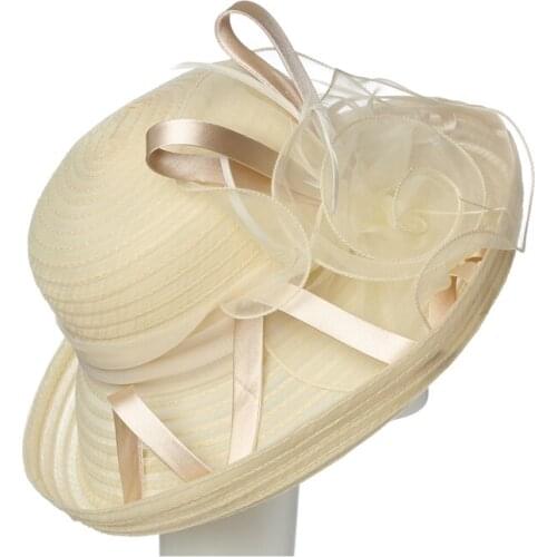 HW Boutique Organza Elegant Hats Flowers and Feather Bridal Hats Wedding Hats for Women Ivory Foldable Hat Eugen Yarn Cap