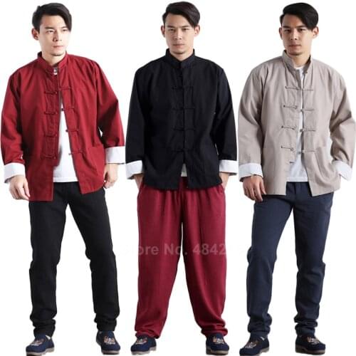 Cotton Linen Chinese Traditional Costumes Tang Suit for Men Retro Vintage Jacket Shirt Knot Button Mandarin Collar Tops Outfits