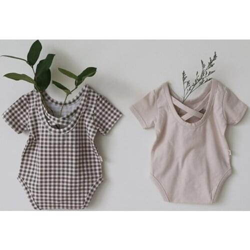 Vintage newborn baby girls romper summer short sleeve plaid bodysuit for girls overalls children pajamas outfits 0-24m