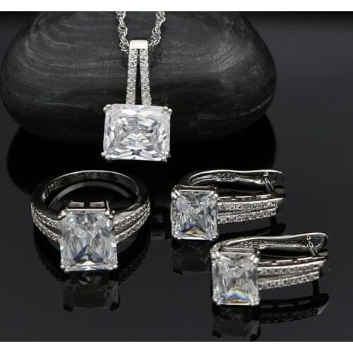 Square Cubic Zirconia 925 Silver White Crystal Jewelry Sets for Women Wedding Earrings Pendant Rings Necklace Set