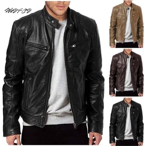 Leather Jacket Men Fashion Casual Stand Collar Zip Pocket Trim Slim PU Leather Jacket Trend Cool Plus Size Motorcycle Jacket