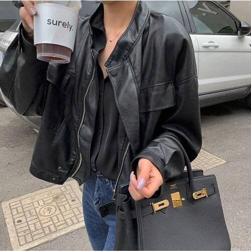 Black Coffee color Faux PU Leather Motorcycle Biker Jacket Women Autumn Loose Short Zipper Streetwear Overcoat Female Punk Coat
