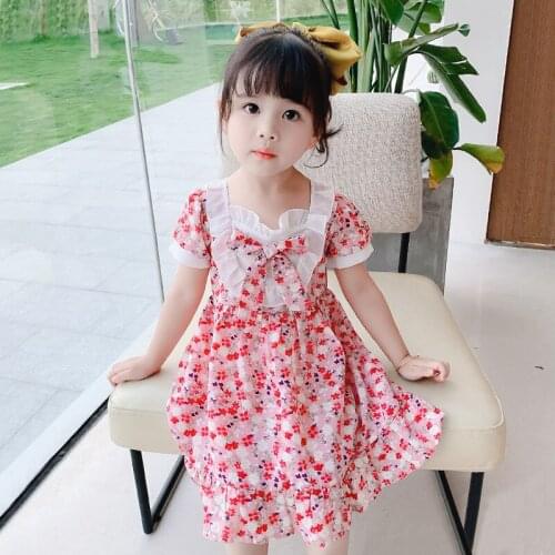 Summer Flower Girls Dresses Bow Tie Lace Chiffon Short Sleeve Princess Dress Elegant Lovely Korean Party Toddler Kids Clothes