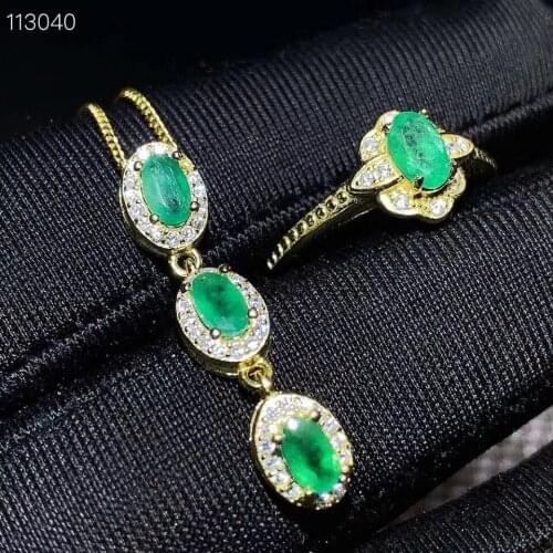 New Arrival Real Natural Emerald jewelry set Natural Real Emerald 925 sterling silver 1pc Emerald pendant,1pc Emerald ring