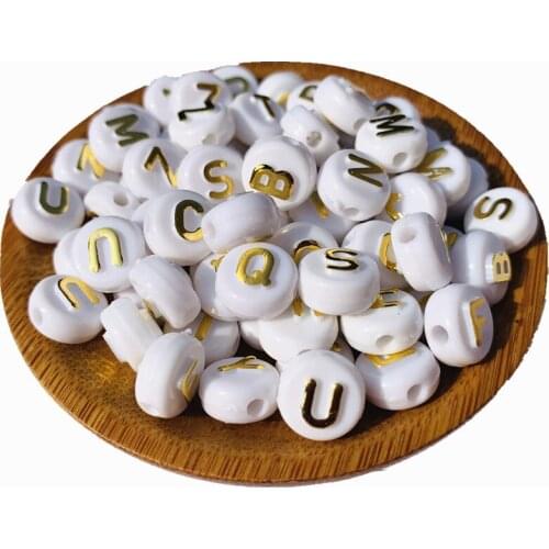 New White with Gold Acrylic Letters Beads 6*10MM Coin Round Mixed Alphabet English Character jewelry Plastic Beads 1600pcs
