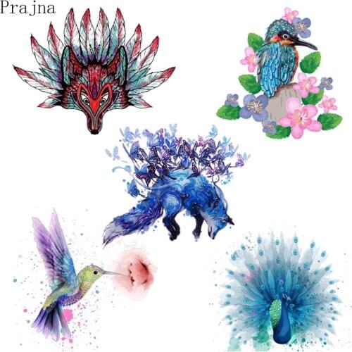 Prajna Hippie Style Iron On Transfer Patch PVC Heat Transfer Vinyl Printed Badge Wolf Peacock Animal Patch For Clothes Washable