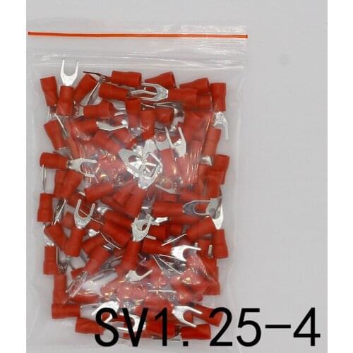 SV1.25-4 Red Furcate Fork Spade 22~16AWG Wire Crimp pressed terminals Cable Wire Connector 100PCS/Pack SV1-4 SV