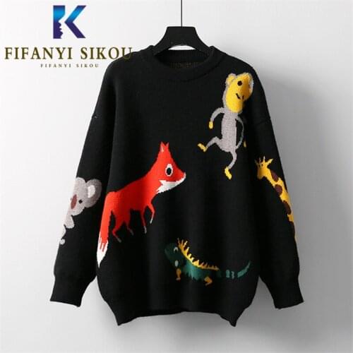 Fashion Cartoon Knitted Sweater Women O-Neck Long Sleeve Loose Pullover Female Winter Thick Warm Sweaters Casual Jumpers Tops