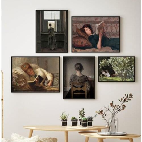 Vintage Woman Reading Interior Scene Painting Canvas Posters and Prints Antique Wall Art Pictures for Living Room Home Decor