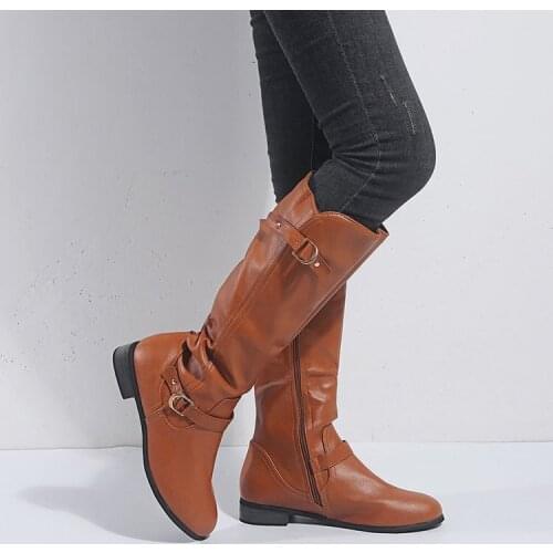 Womens Boots Autumn and Winter New Leather Boots Fashion Versatile Mid-heel Buckle Mid-length Boots Durable and Comfortable Hot