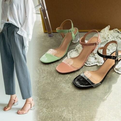 Female summer open-toed sandals plastic large size crystal shoes 5cm heel middle heel ladies sandals word buckle Roman shoes