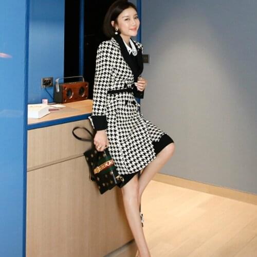 Plus Size Women Fashion Print Houndstooth Casual Long Jackets Women with Sashes Elegant Long Sleeve Office Coat Female Ladies
