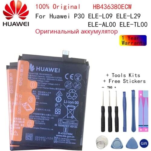 100% Original Hua Wei Phone Battery HB436380ECW 3650mAh For Huawei P30 ELE-L09 ELE-L29 ELE-AL00 ELE-TL00 Batteries