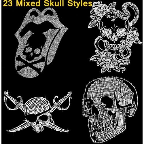 2PCS Free Shipping skull with headphone head skull hand strass hotfix rhinestones heat transfer design iron on TShirt Diamante