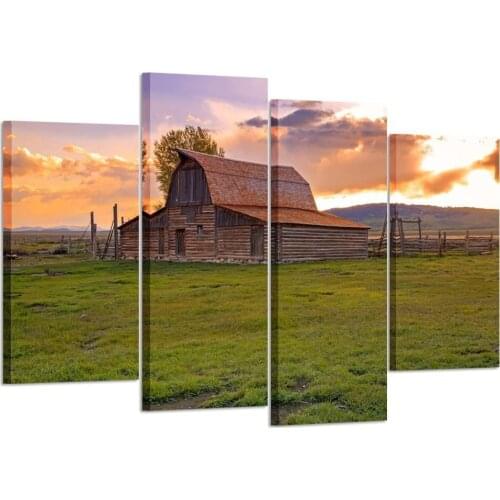 No Framed 4 Pcs Vintage Barn in Rural Wyoming USA Grand Teton National Park Wall Art Canvas Poster Pictures Paintings Home Decor