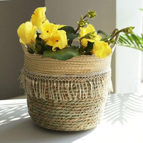 Handmade Bamboo Storage Basket Folding Clthoes Laundry Basket Straw Wicker Seagrass Belly Garden Flower Pot Plant Basket #BL5