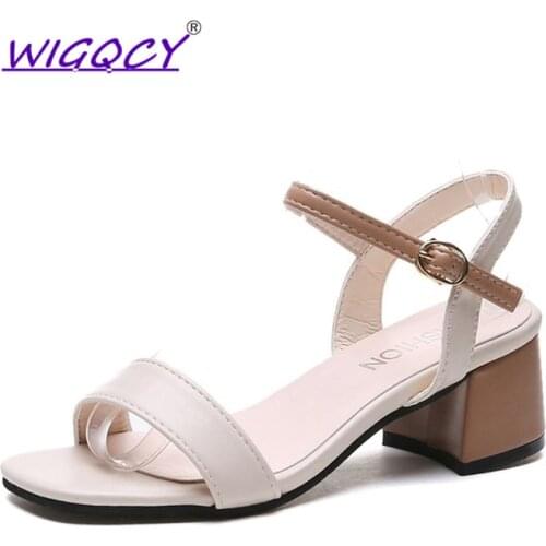 PU Leather High heels sandals women 2019 Summer shoes women Fashion Mixed Colors Square heel sandals Concise Casual female shoes