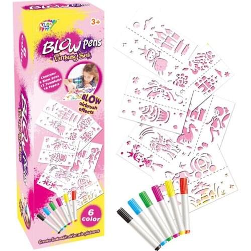 Kids Press Blow Watercolor Pens DIY Painting Tool with 12Pcs Stencils Drawing Painting Watercolor Art Marker Pens School Supply