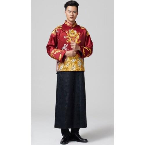 Dragon Element male Tang Suits Chinese wedding Robe bridegroom Chinese traditional Wedding costume groom Gown Jacket + Robe