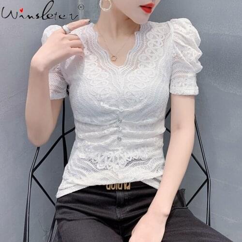 Summer European Clothes Cotton T-Shirt Sexy Fashion V-Neck Button Drape Lace Women Tops Slim Bottoming Shirt Tees 2021 T13701A