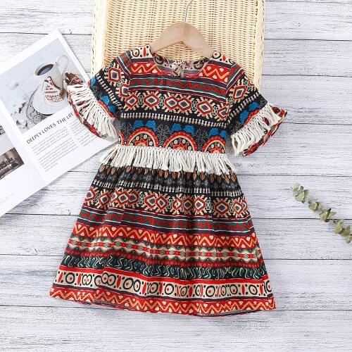 FOCUSNORM 1-6Y Summer Kids Girl’s Boho Dress Vintage Pattern Printing Tassel Knee Length A-Line Dress