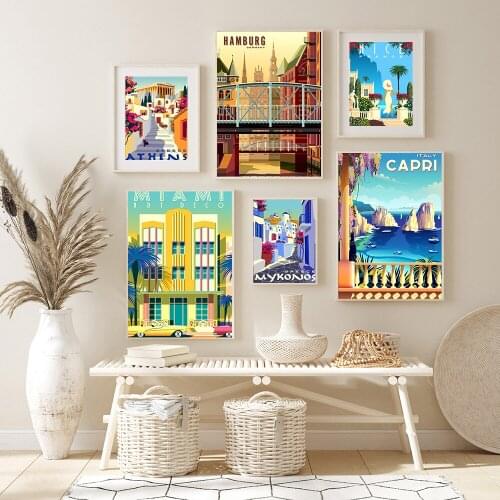 Travel Cities Landscape Wall Art Vintage Greece Italy Germany Canvas Painting Retro Posters and Prints Hd Pictures Home Decor