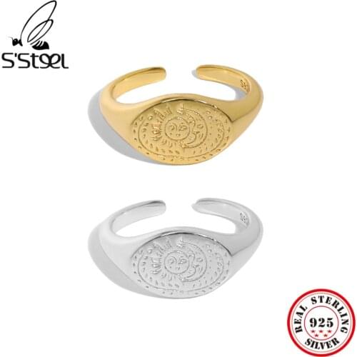 SSTEEL 925 Sterling Silver Korean Geometric Moon Texture Opening Adjustable Ring Design For Women Minimalist Wedding Jewellery