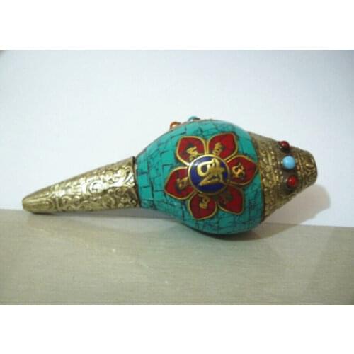 FINE ANTIQUE MIAO-SILVER OLD WHITE COPPER FACTORY TIBET SILVER PLATED INLAY TURQUOISE&CORAL HAND OLD CONCH EXORCISM STATUE