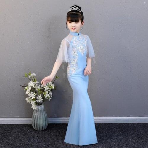 Customize Lace Vintage Princess Mermaid Dress Girls Cheongsam Evening Dress Slim Stage Costume Modis Kids Clothes Vestidos Y1537