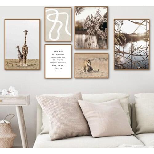 Lion Giraffe Reed Lake Grassland Animals Wall Art Canvas Painting Nordic Posters And Prints Wall Pictures For Living Room Decor