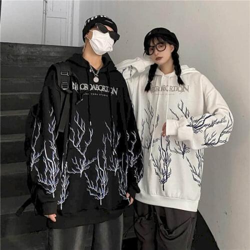 Autumn Winter Velvet Hoodies MenS Hooded Sweatshirt Printed Lightning Loose Long Sleeves Unisex Outwear Women Tops Clothing