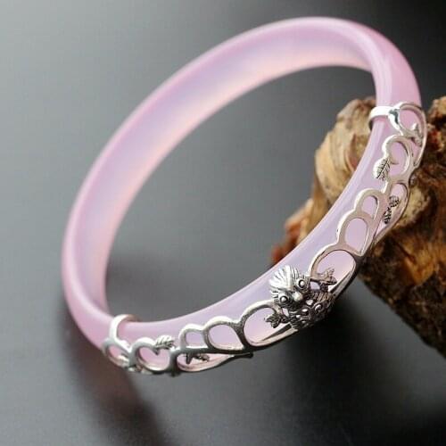 Retro Thai Silver Jewelry Wholesale Natural Powder Chalcedony S925 Sterling Silver Bangle Vintage Floral Women Silver Bangle