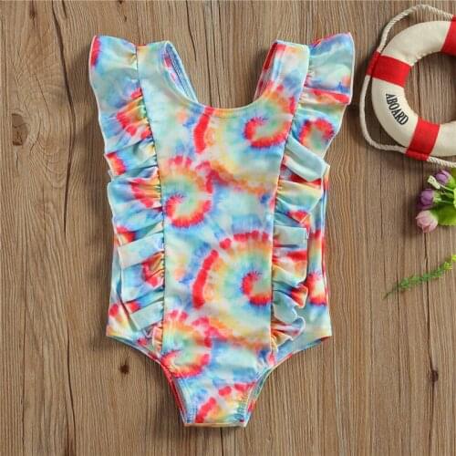 2021 Meihuida Infant One-piece Swimsuit Baby Girl Tie-dye Print Fly Sleeve Round Neck Ruffle Swimwear Kids Swimwear