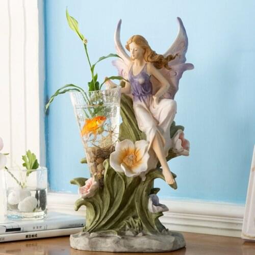 Creative Butterfly Fairy Sitting Among Blooming Flowers Statue Decor Crafts Glass Vases For Home Living Room Wedding Ornaments