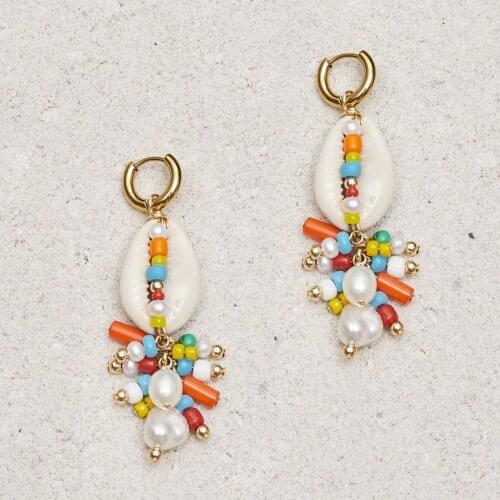 Bijoux Handmade exquisite rainbow seed beaded summer beach boho puka sea shell drop dangle freshwater pearl earrings for women