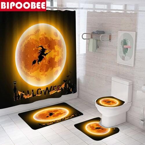 Happy Halloween Shower Curtain Witch Full Moon Pattern Bathroom Curtains Pedestal Non-slip Rug Bath Mats Toilet Pad Cover