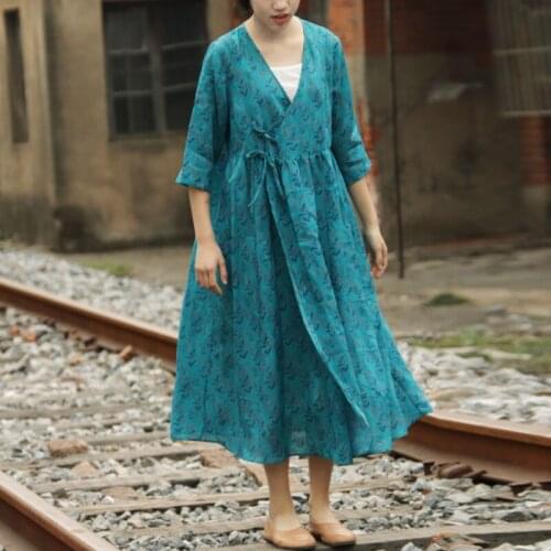 Johnature Women Ramie Belt Dresses V-Neck Seven Sleeve Robes High Waist Robes 2021 Spring New Vintage Chinese Style Dresses