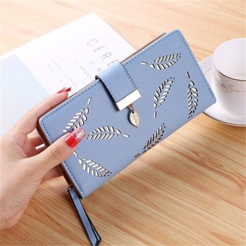 Luxury Brand Leather Wallets Women Long Zipper Coin Purses Hollow Leaves Design Clutch Wallet Female Money Credit Card Holder