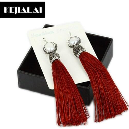 2017 Fashion Tassel Long Earrings Pearl Charm Pave Rhinestone Red Tassel Fringe Bohemian Jewelry for Women Wedding Best Gifts