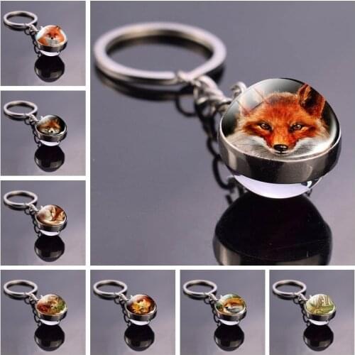 Red Fox Glass Ball Keychain Wildlife Fox Key Buckle Animal Pattern Key Rings Pendant