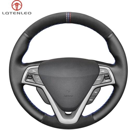 LQTENLEO Black Genuine Leather Suede Hand-stitched Steering Wheel Cover For Hyundai Veloster 2011 2012 2013 2014 2015 2016 2017