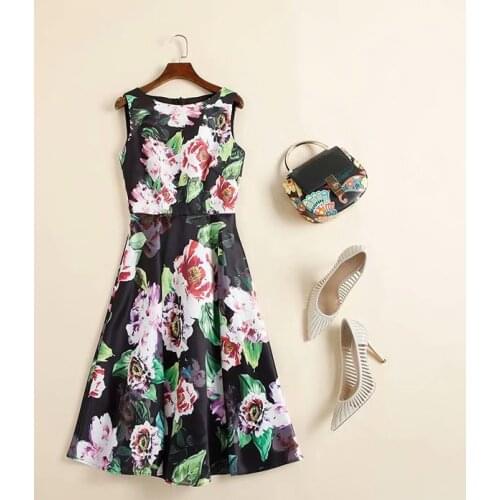 And American womens European dress 2021 summer new styles Sleeveless round neck flower print Fashionable vest dress