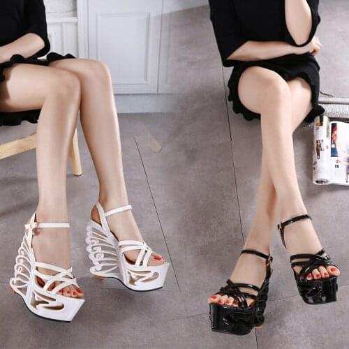 PU leather Strange Style Platform Sandals Women Hollow Out Heel Wedges Shoes Big Size Rivet High Heel Gladiator Sandals