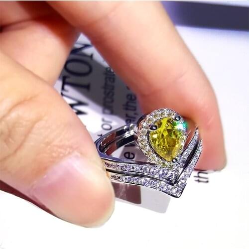Exquisite Luxury V-shaped Ring Yellow Crystal AAAA Zircon Set Ring Ladies 925 Silver Ring Wedding Jewelry Bridal Pair Ring