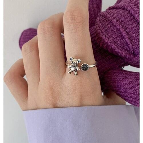 S925 Silver Rings For Women Opening Adjustable Lion Bear Heart Pendant Combination Retro Personality Lady Fashion Jewelry INEFFA