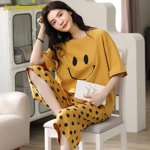 New Short Sleeve Capris Homesuit Homeclothes New Soft Printing Crew Neck Pajamas Set Pj Set Woman Preppy Style Pijamas Set
