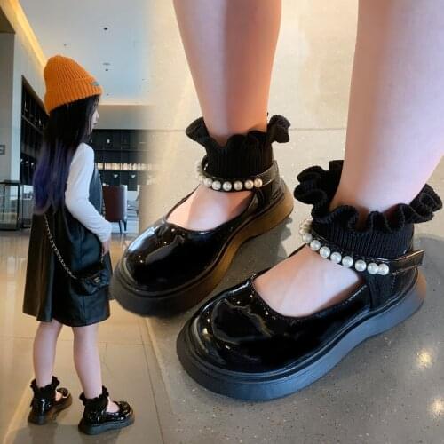Girls Leather Shoes 2021 Autumn New Non-woven Elastic Princess Shoes Pearl Kid PU Leather Shoes Hot Sweet for Wedding Breathable